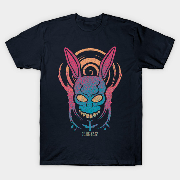 Navy blue graphic t-shirt with colorful abstract design featuring rabbit ears and skull, casual cotton style.