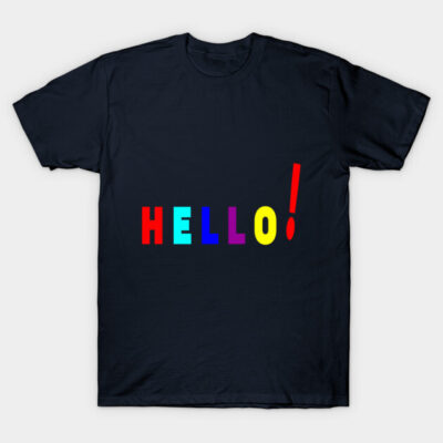 Navy blue t-shirt with colorful "HELLO!" text, casual style, soft cotton material, perfect for everyday wear.