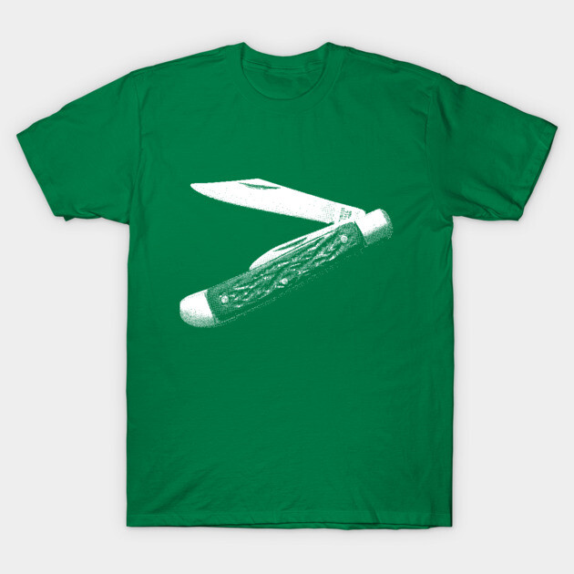 Green cotton t-shirt with vintage knife graphic, casual style, perfect for everyday wear.