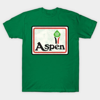 Green t-shirt with retro Aspen logo design, casual style, soft cotton material, perfect for everyday wear.