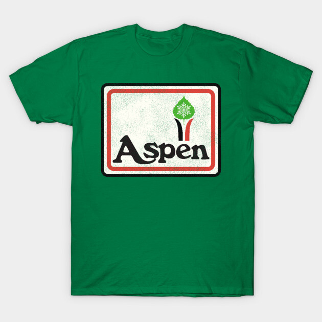 Green t-shirt with retro Aspen logo design, casual style, soft cotton material, perfect for everyday wear.
