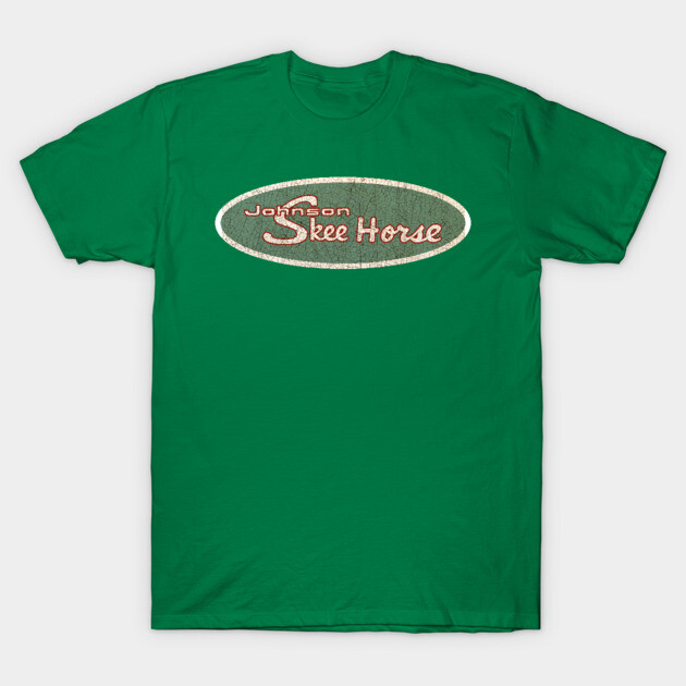 Green T-shirt with vintage "Johnson Skee Horse" logo, casual style, short-sleeve, made from soft cotton.