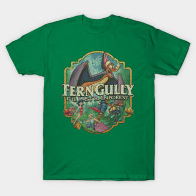 Green "FernGully" graphic T-shirt, featuring rainforest theme, ideal for casual wear, made from soft cotton.