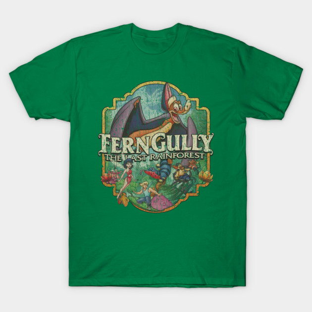 Green "FernGully" graphic T-shirt, featuring rainforest theme, ideal for casual wear, made from soft cotton.