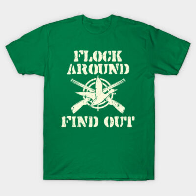 Green graphic T-shirt with bold white text and crossed rifles design, ideal for casual wear and outdoor activities.