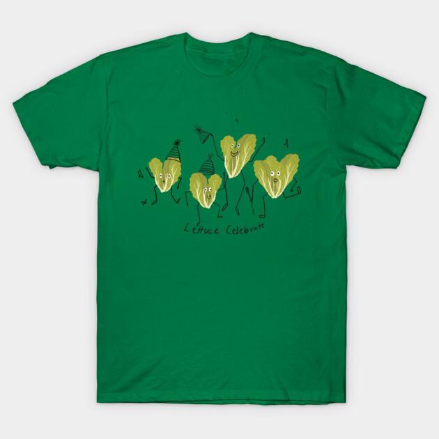 Green T-shirt with playful lettuce graphic and "Lettuce Celebrate" text, perfect for casual wear and plant lovers.