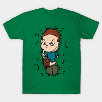Green graphic t-shirt with cartoon character holding notebook and pen, casual style, cotton material, unisex design.
