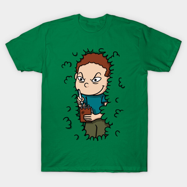 Green graphic t-shirt with cartoon character holding notebook and pen, casual style, cotton material, unisex design.