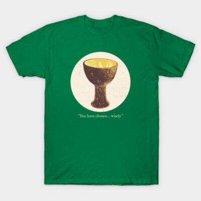 Green t-shirt featuring vintage-style chalice graphic with text, ideal for casual wear, 100% cotton material.