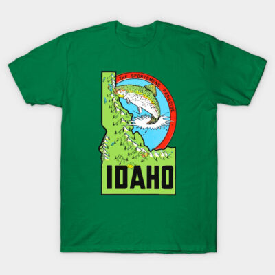 Green Idaho-themed T-shirt with fish and nature graphic, ideal for outdoor enthusiasts and casual wear. Cotton material.