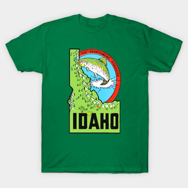 Green Idaho-themed T-shirt with fish and nature graphic, ideal for outdoor enthusiasts and casual wear. Cotton material.