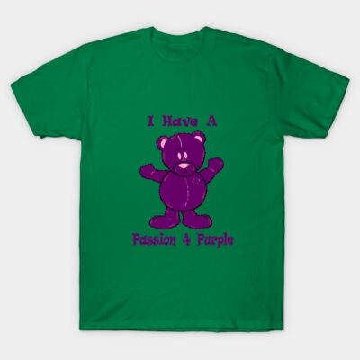Green t-shirt with purple bear graphic and "I Have a Passion 4 Purple" text, casual style, cotton material.