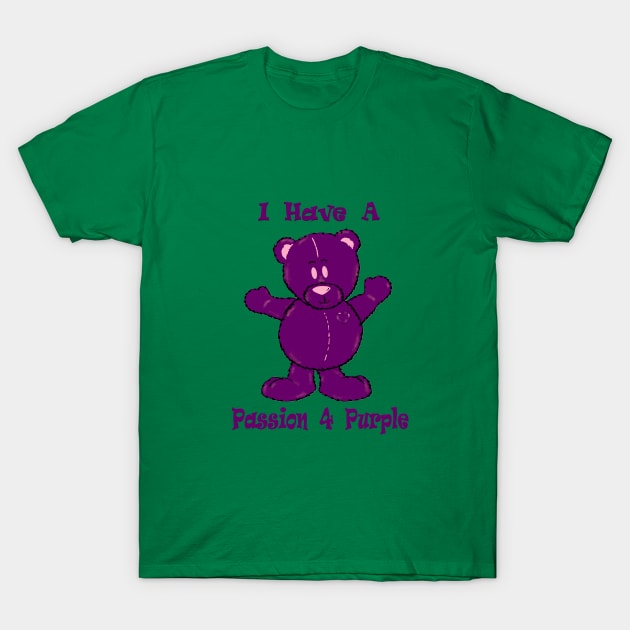 Green t-shirt with purple bear graphic and "I Have a Passion 4 Purple" text, casual style, cotton material.