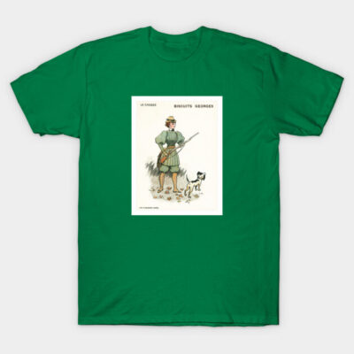 Green cotton t-shirt featuring vintage hunting illustration, casual style, ideal for outdoor enthusiasts.