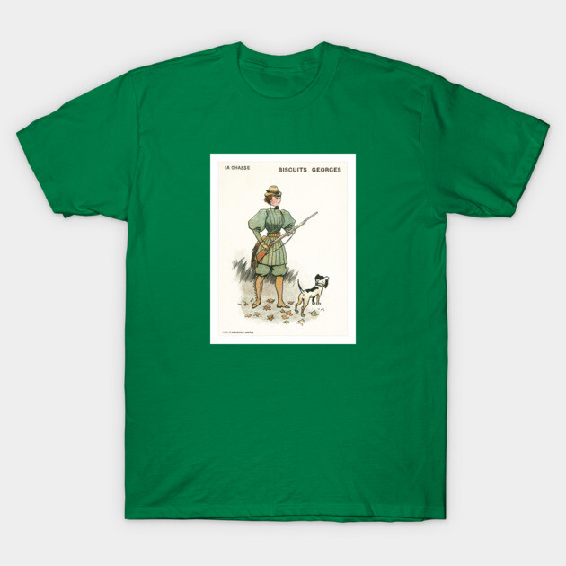 Green cotton t-shirt featuring vintage hunting illustration, casual style, ideal for outdoor enthusiasts.