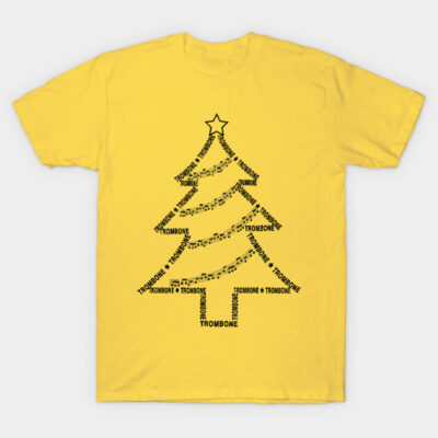 Yellow t-shirt with black musical Christmas tree design, featuring the word "Trombone." Casual festive wear.