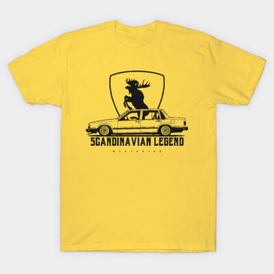 Yellow t-shirt featuring "Scandinavian Legend" vintage car and moose design, casual style, cotton material.