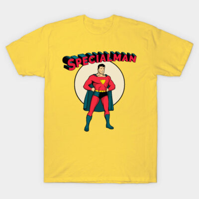 Yellow superhero-themed T-shirt with "Specialman" graphic print, casual style, 100% cotton material.