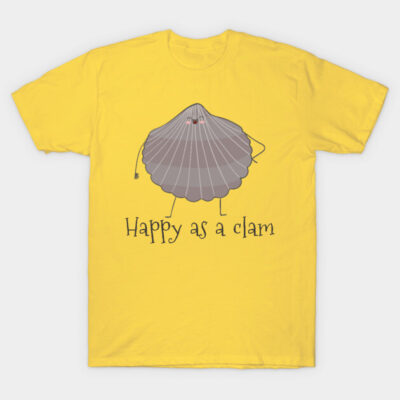 Yellow t-shirt with "Happy as a Clam" slogan and smiling clam graphic, casual wear, cotton material.