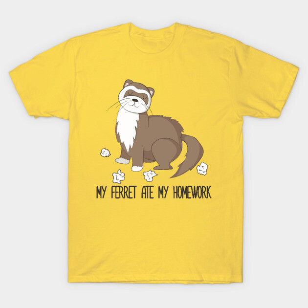 Yellow t-shirt with playful ferret graphic and "My Ferret Ate My Homework" text, perfect for casual wear.