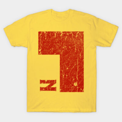 Yellow cotton t-shirt with bold red graphic design, casual wear, unisex style, perfect for everyday use.