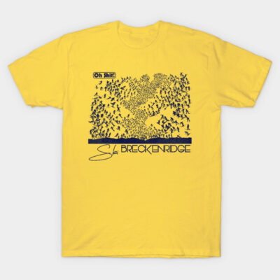 Yellow graphic t-shirt featuring ski-themed design, ideal for casual wear, soft cotton material.
