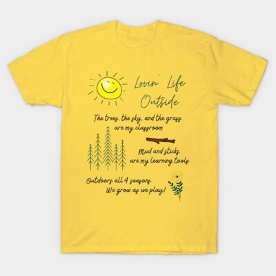 Yellow T-shirt with outdoor-themed text and graphics, perfect for nature lovers. Cotton material, casual style.