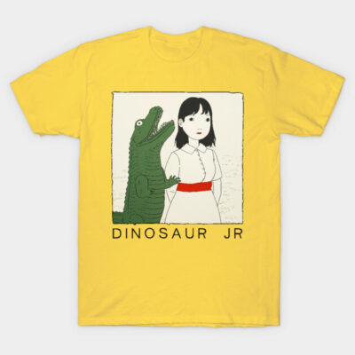 Yellow graphic T-shirt featuring Dinosaur Jr. design with cartoon illustration, casual wear, 100% cotton.