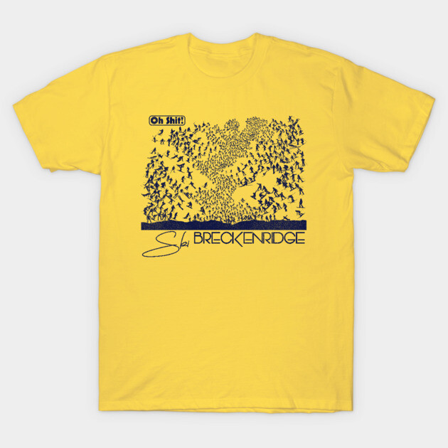 Yellow graphic t-shirt featuring ski-themed design, ideal for casual wear, soft cotton material.