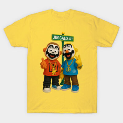 Yellow t-shirt featuring cartoon characters with face paint and street sign graphic. Casual wear, 100% cotton.