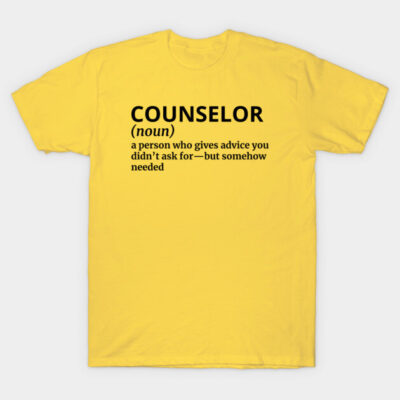 Yellow cotton t-shirt with "Counselor" definition text, casual style, perfect for gifting or personal use.