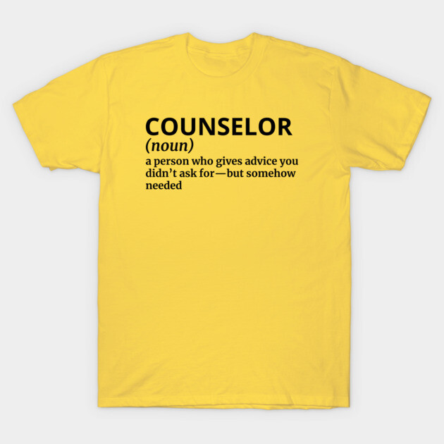 Yellow cotton t-shirt with "Counselor" definition text, casual style, perfect for gifting or personal use.