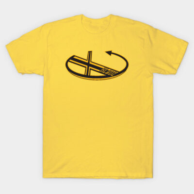 Yellow cotton T-shirt with black circular graphic design, casual style, perfect for everyday wear.