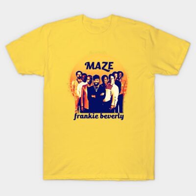 Yellow graphic T-shirt featuring retro music band design, casual style, soft cotton material, unisex fit.
