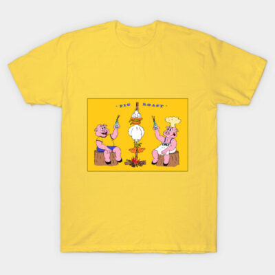 Yellow t-shirt featuring playful pig roast illustration, casual style, 100% cotton, ideal for everyday wear.