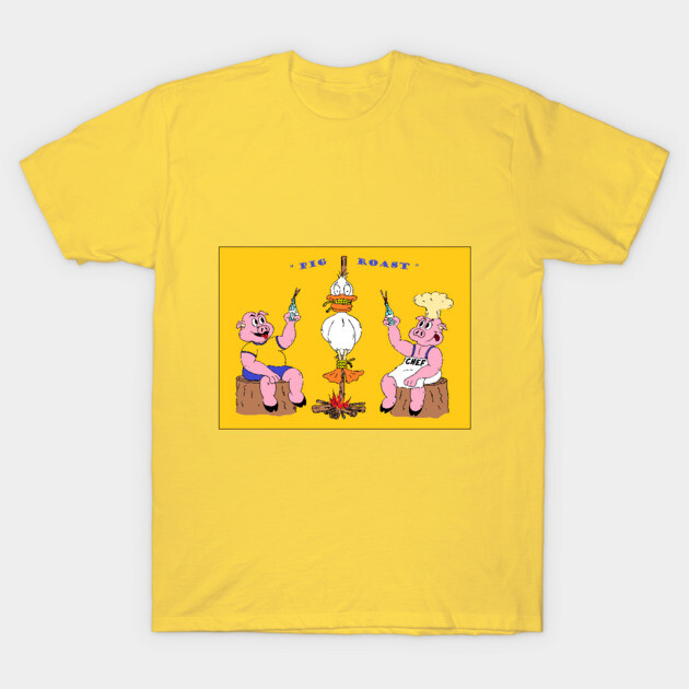 Roasting & Toasting T-Shirt 1 Yellow t-shirt featuring playful pig roast illustration, casual style, 100% cotton, ideal for everyday wear.