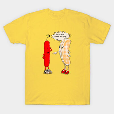Yellow graphic t-shirt with humorous cartoon print, casual style, lightweight cotton, ideal for everyday wear.