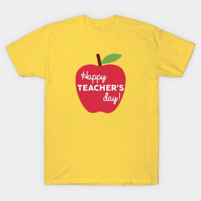 Yellow "Happy Teacher's Day" T-shirt with red apple graphic, casual cotton style, perfect for teacher appreciation.