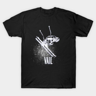 Black skiing graphic t-shirt with "Vail" text, featuring a skeleton skier design. Perfect for winter sports enthusiasts.