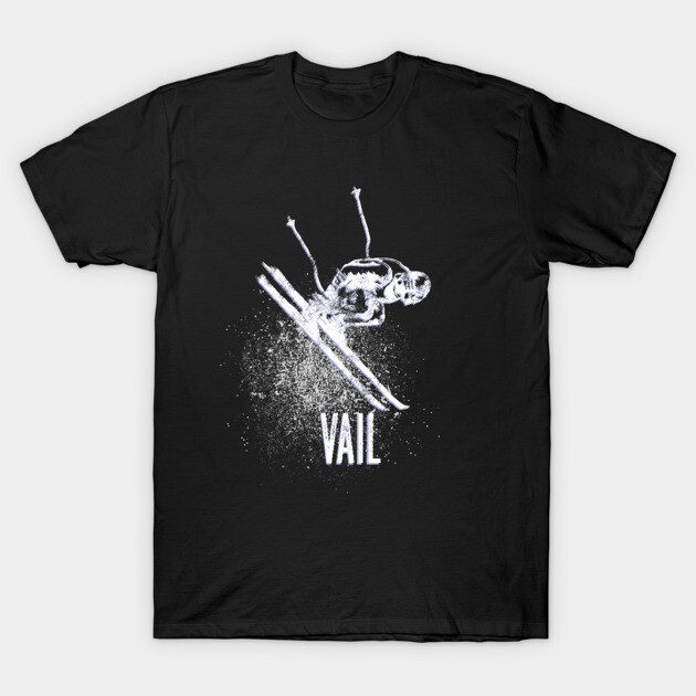 Black skiing graphic t-shirt with "Vail" text, featuring a skeleton skier design. Perfect for winter sports enthusiasts.