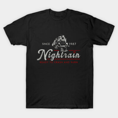 Black graphic t-shirt with vintage train design, "Nightrain" text, casual style, cotton material, perfect for everyday wear.