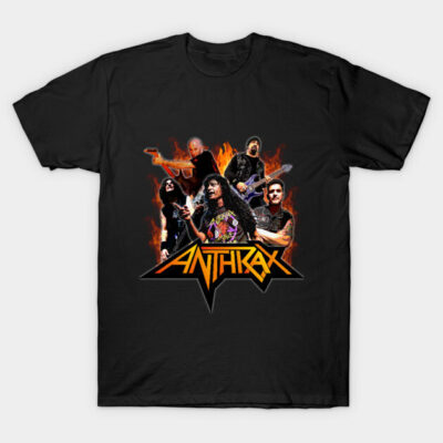 Black Anthrax band graphic T-shirt, fiery design, casual wear, 100% cotton, unisex.