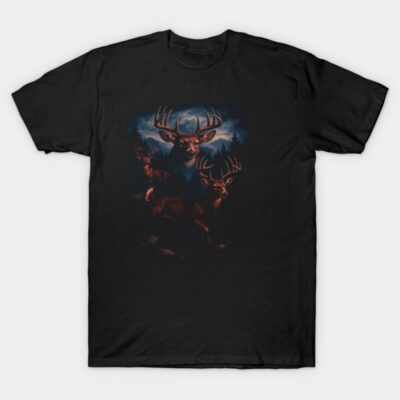Black t-shirt featuring a detailed deer graphic, perfect for outdoor enthusiasts. Casual wear, 100% cotton.