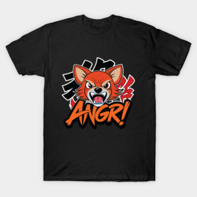 Black t-shirt with cartoon fox design and "Angry" text, casual wear, cotton blend, unisex style.