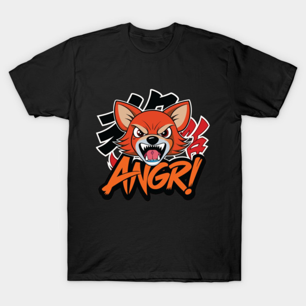 Black t-shirt with cartoon fox design and "Angry" text, casual wear, cotton blend, unisex style.
