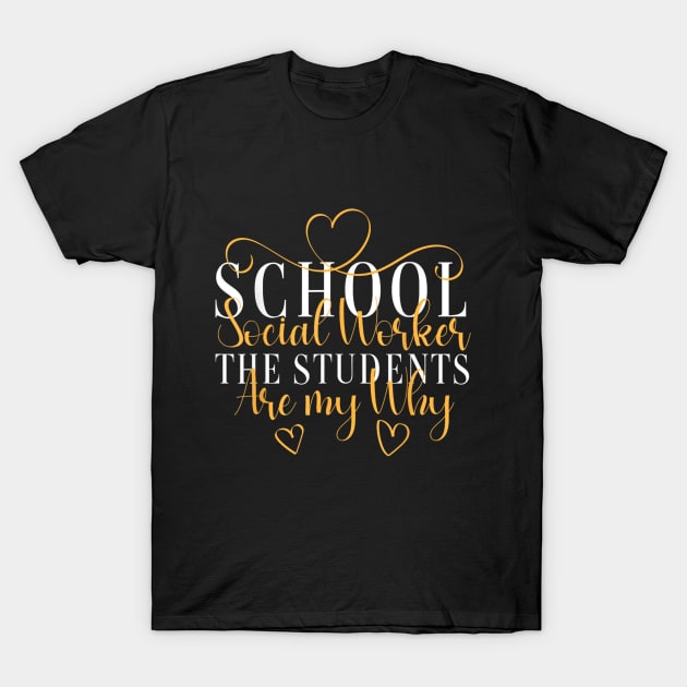 Black T-shirt with "School Social Worker" motivational text in white and gold, casual style, cotton material.