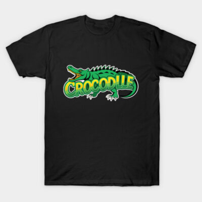 Black T-shirt with green crocodile graphic and bold text, casual style, cotton material, unisex design.