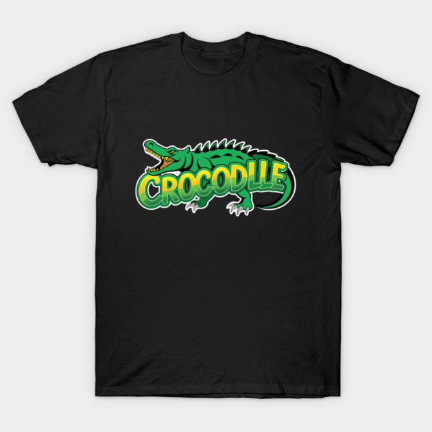 Black T-shirt with green crocodile graphic and bold text, casual style, cotton material, unisex design.