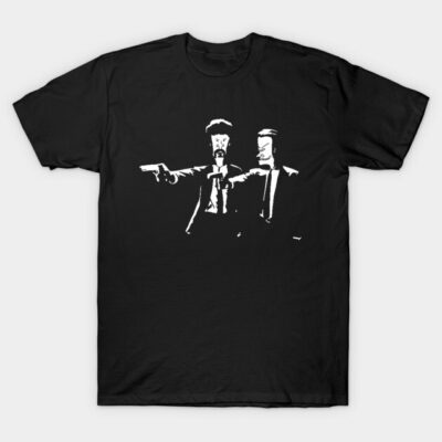 Black graphic t-shirt with cartoon characters in suits, cartoon style, casual wear, 100% cotton, unisex design.