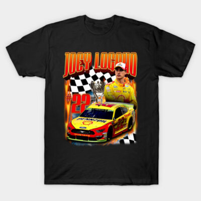 Black racing-themed T-shirt with colorful car and trophy design, checkered flag background, sporty casual wear.